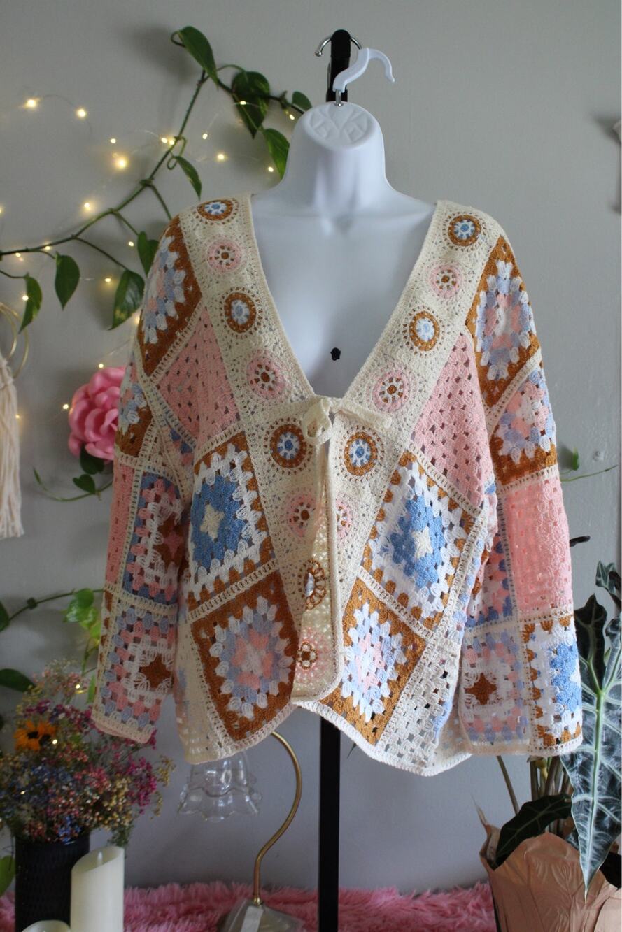 POL One Size Crochet Granny Square Cardigan Pink Blue Cream Boho Tie Front